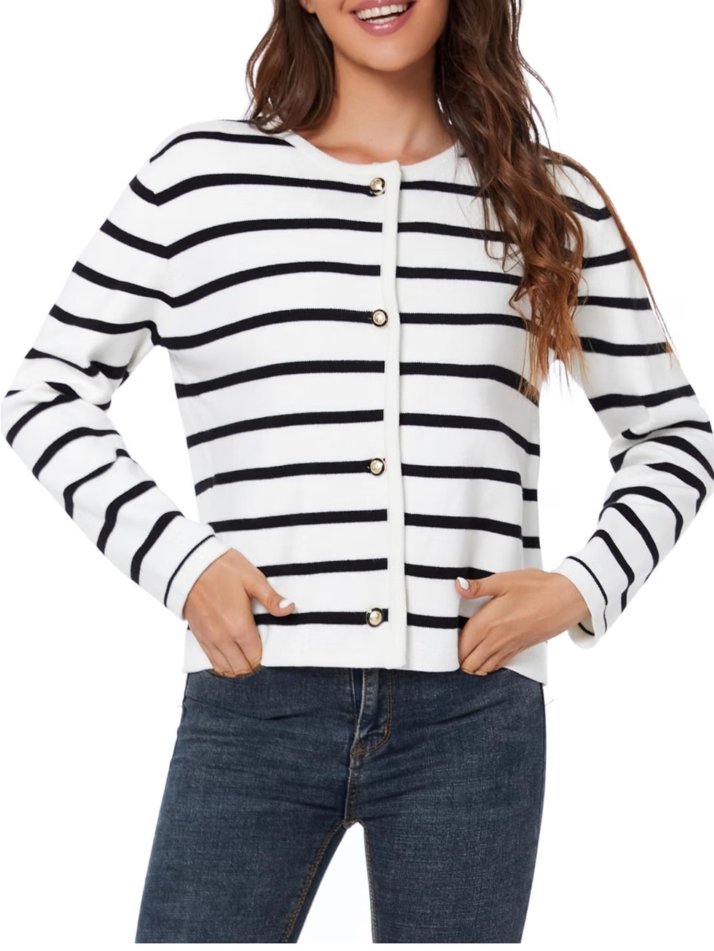Women's Striped Button-Front Cardigan - White & Navy
